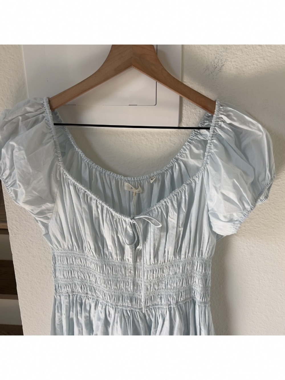 Doen Quinn Tie Detailed Shirred Organic Cotton Poplin Midi Dress in Alice Blue - Picture 5 of 8